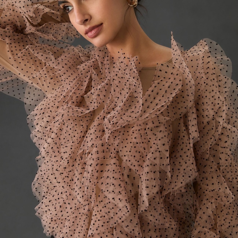 Anthropologie Ruffled Polka Dot Top in Tan and Black